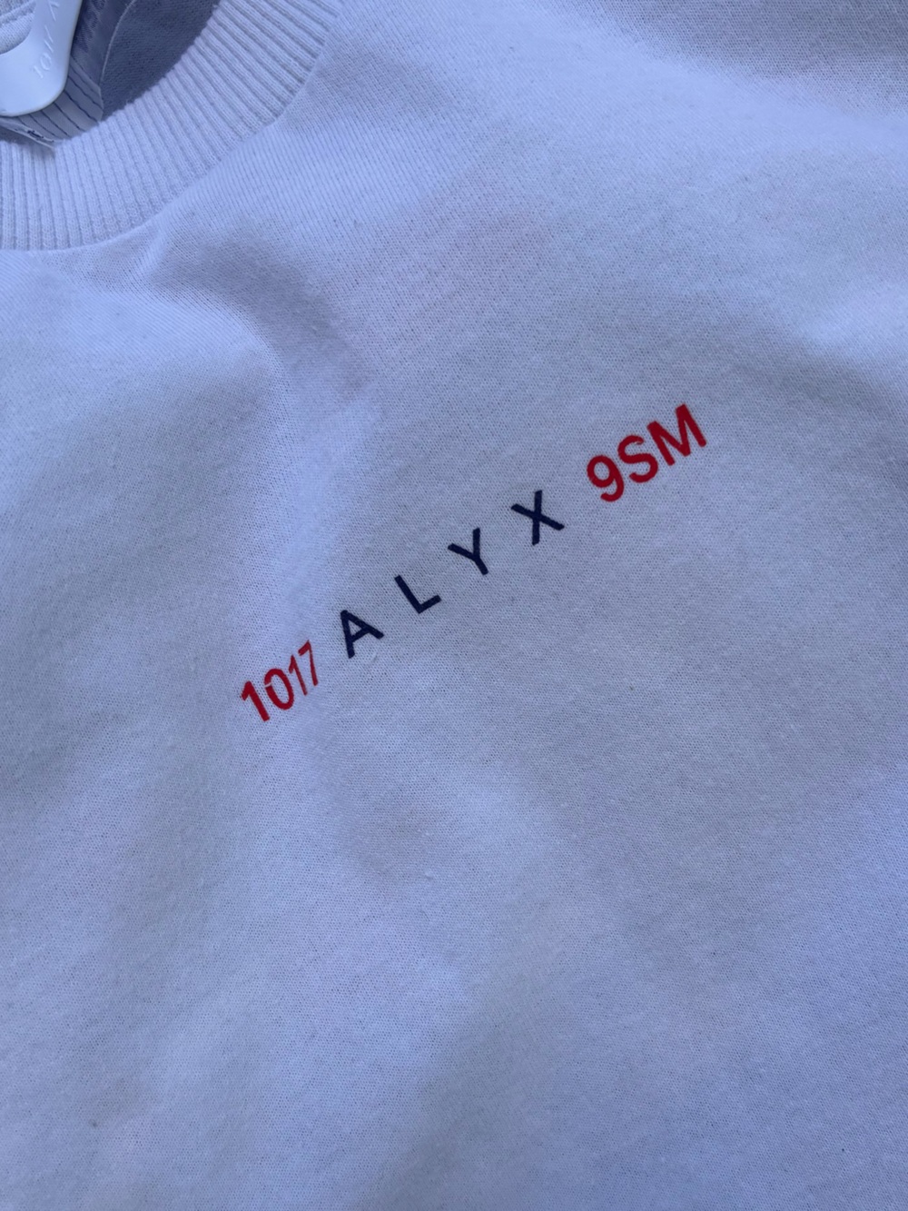 1017 ALYX 9SM Made in Italy White Crewneck Sweater with Red & Black Logo